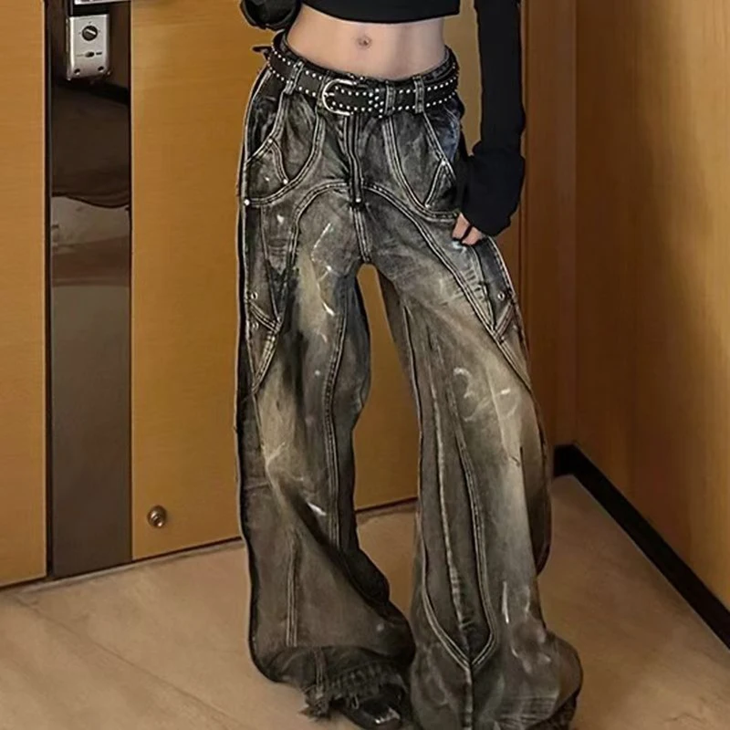 

Y2k High Waisted Baggy Jeans for Men and Women Wide Leg Pants Punk Multi-Pocket Harajuku Washed Hip-Hop New Heavy Industry