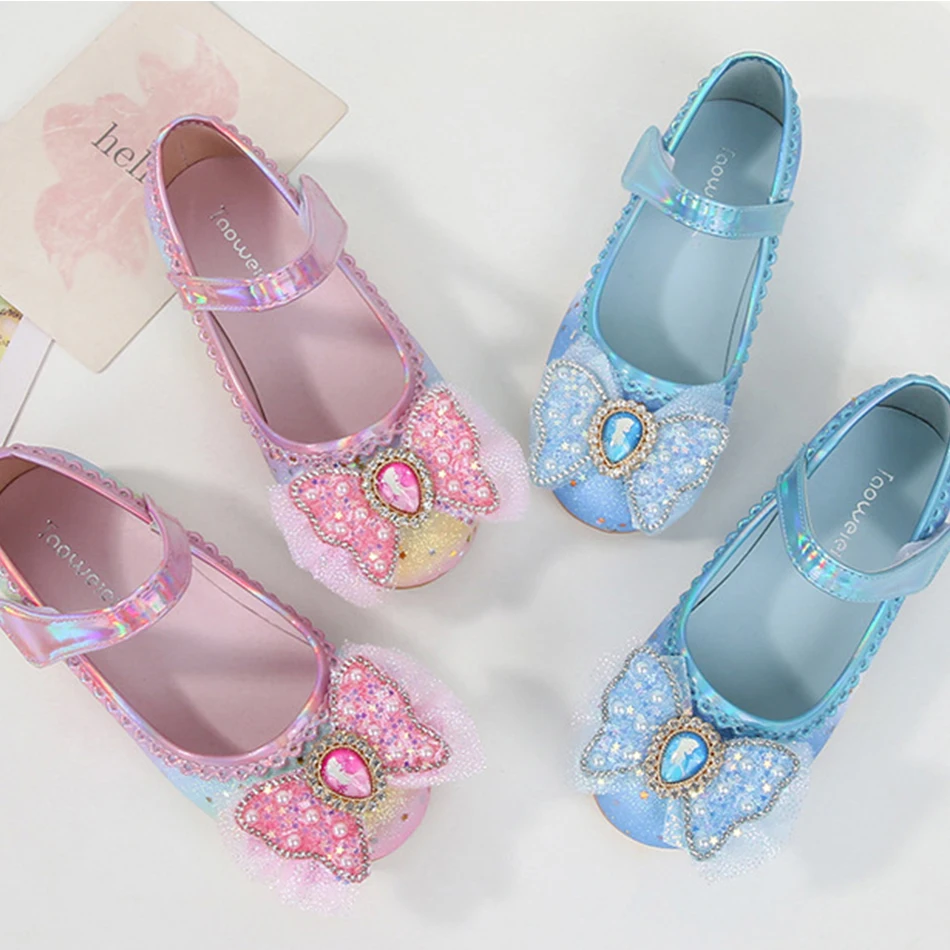 

Kids Glitter Party Shoes for Girls Sandals Princess Children Summer Blue Shoes Snowflake Fashion Kids Flat Pearl Bowknot Sandals