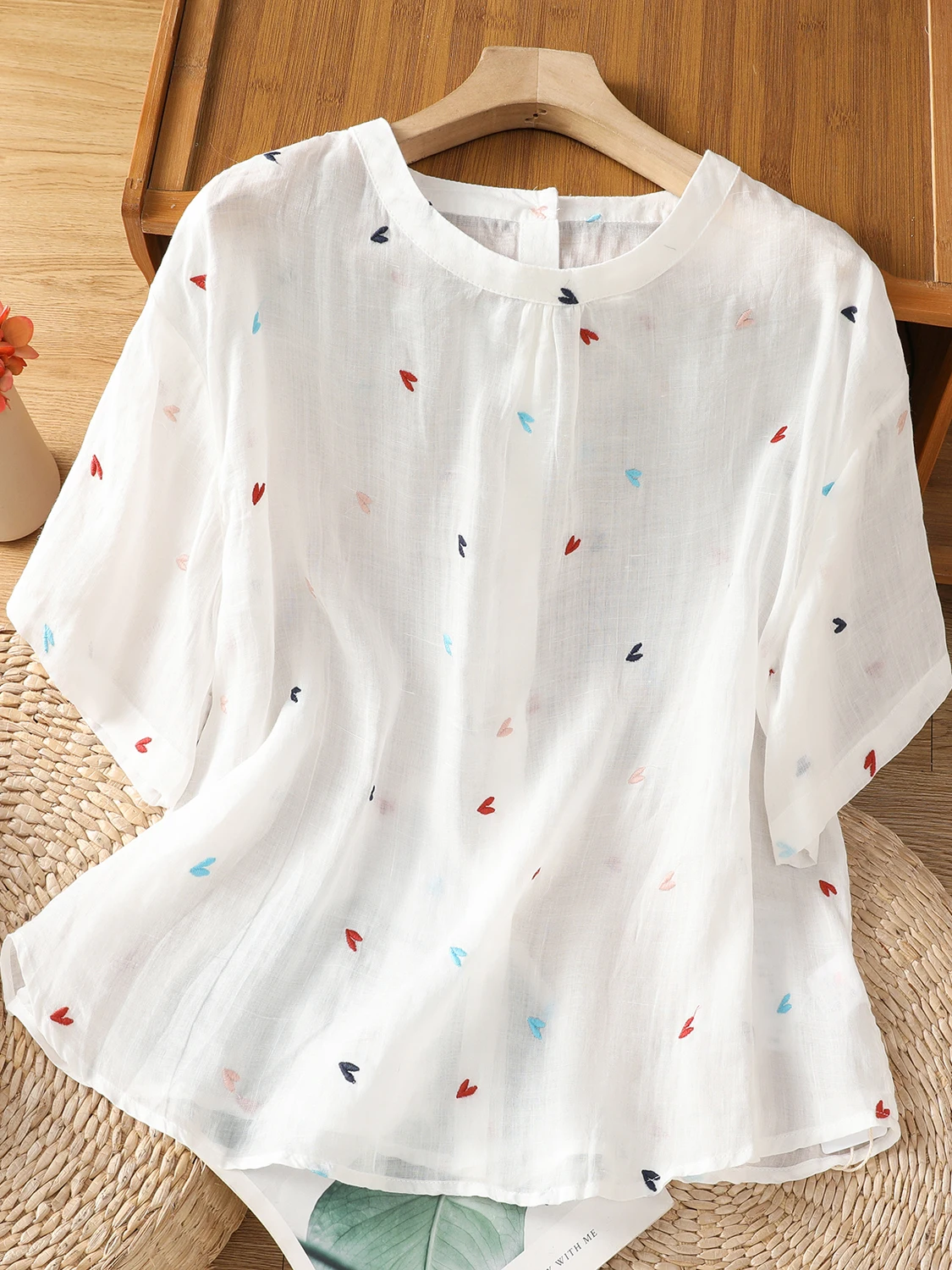 

Корейская летняя тяжелая вышивка Little Heart round Ne ort Sve Женская модная блузка irt с тонким верхом Quali