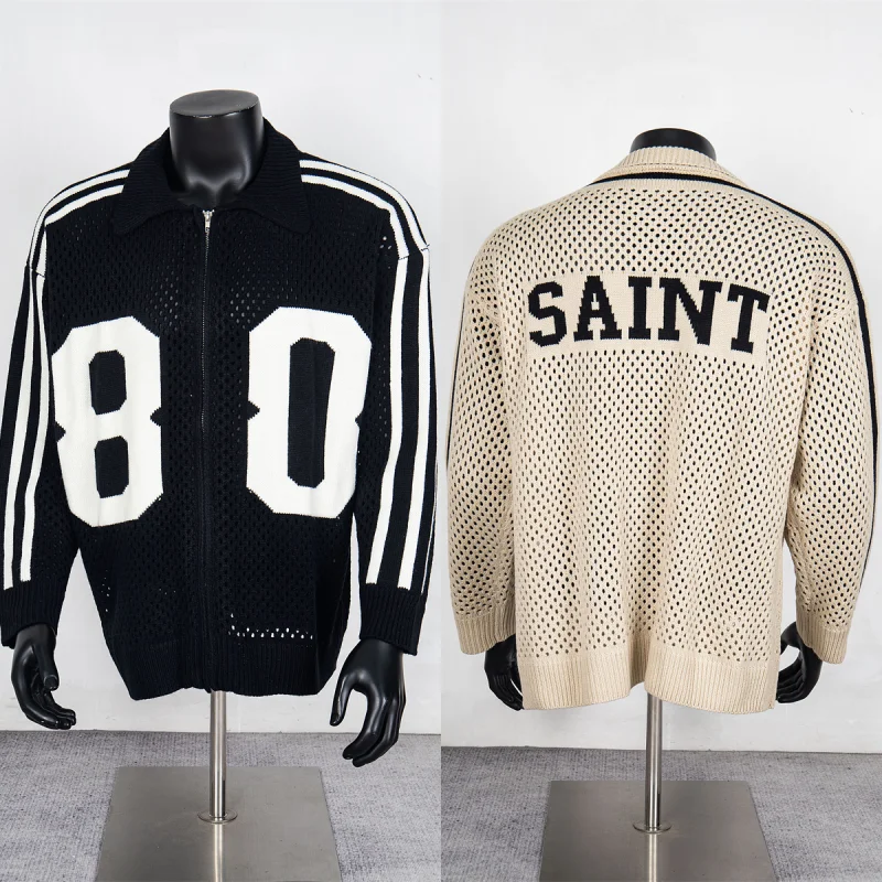 Men Women Saint Knitted Sweaters No. 80 Printed Mesh Hollowed Out Casual Oversized Zipper Long Sleeved Sweaters