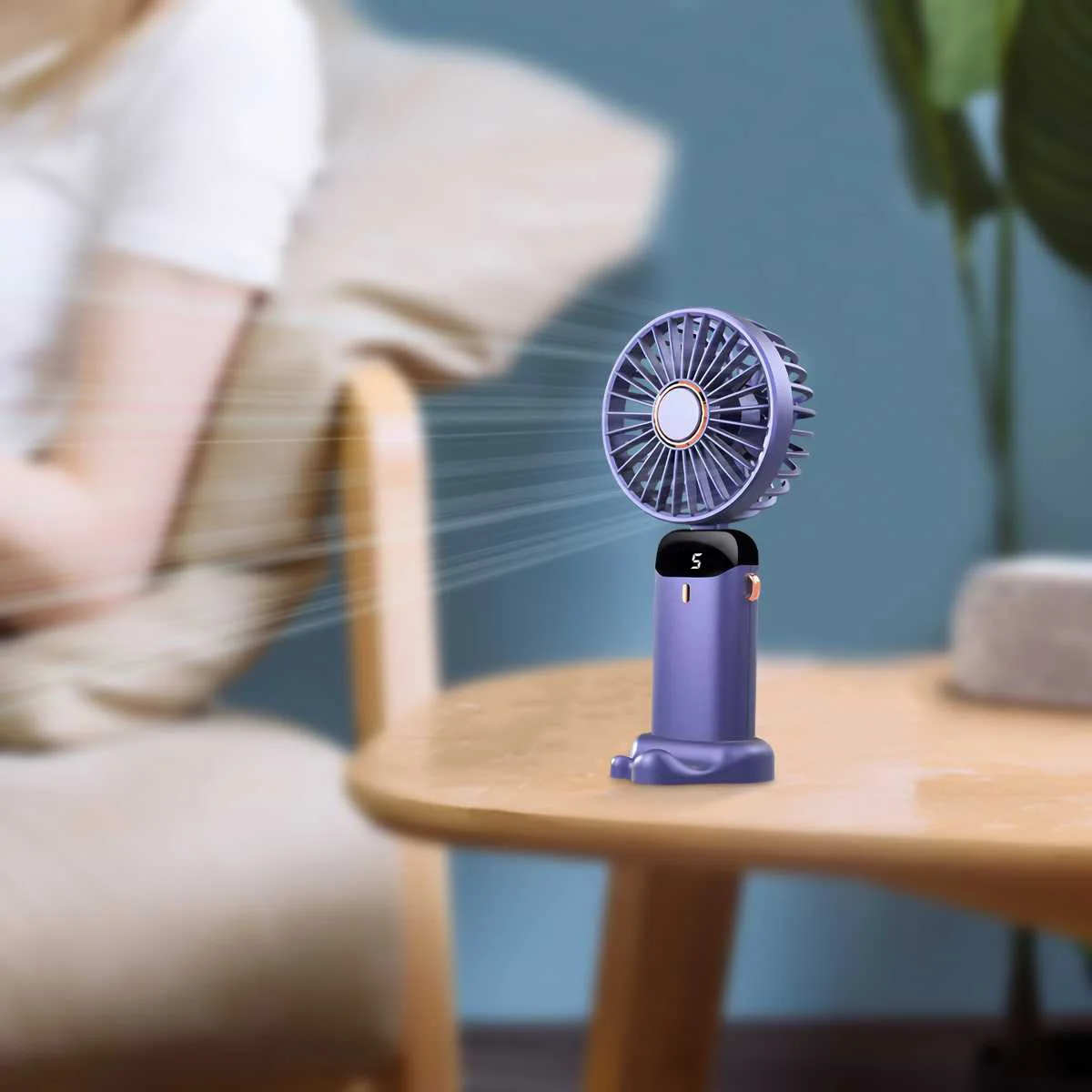 Tragbarer, wiederaufladbarer USB-Handventilator, faltbar, mit 5 Geschwindigkeitsstufen, Handyhalterung, digitaler Anzeige, Kühlung, zum Aufhängen am Hals – Detail 6