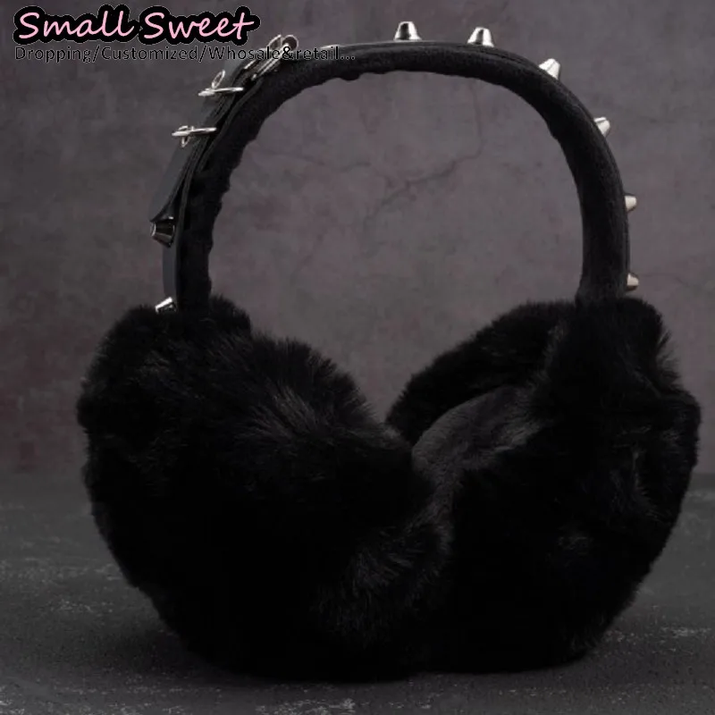 القوطية الشرير اليدوية برشام الجلود غطاء للأذنين الظلام الدافئة الأذن الأسود أفخم ثقافة فرعية Y2K فتاة حماية الشتاء غطاء للأذنين اكسسوارات