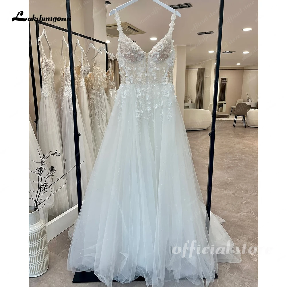 Lakshmigown ilusão 3d floral renda a linha vestidos de casamento 2025 novas alças espaguete sem mangas país vestidos de noiva personalizados