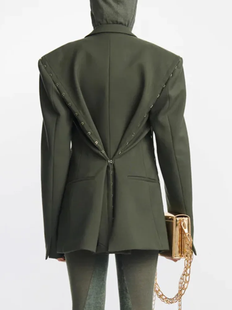 CHICEVER Blazer temperamento per donna Colletto dentellato Manica lunga Patchwork Bottoni Minimalista Tunica Blazer Abiti autunnali femminili