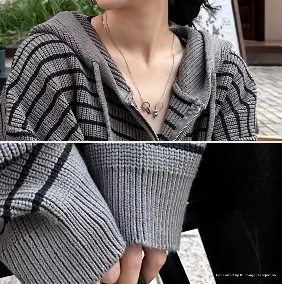 Hong Kong Style Striped Hooded Knitted Sweater Coat Women's Open Cardigan Spring Autumn Winter New Drawstring Zipper Versatil...