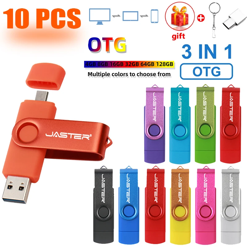 JASTER 10 PCS LOT Pen Drive 128GB 3 IN 1 Memoria USB 64GB Key Chain USB Flash Drive 32GB Free TYPE-C Adapter Memory Stick Gift