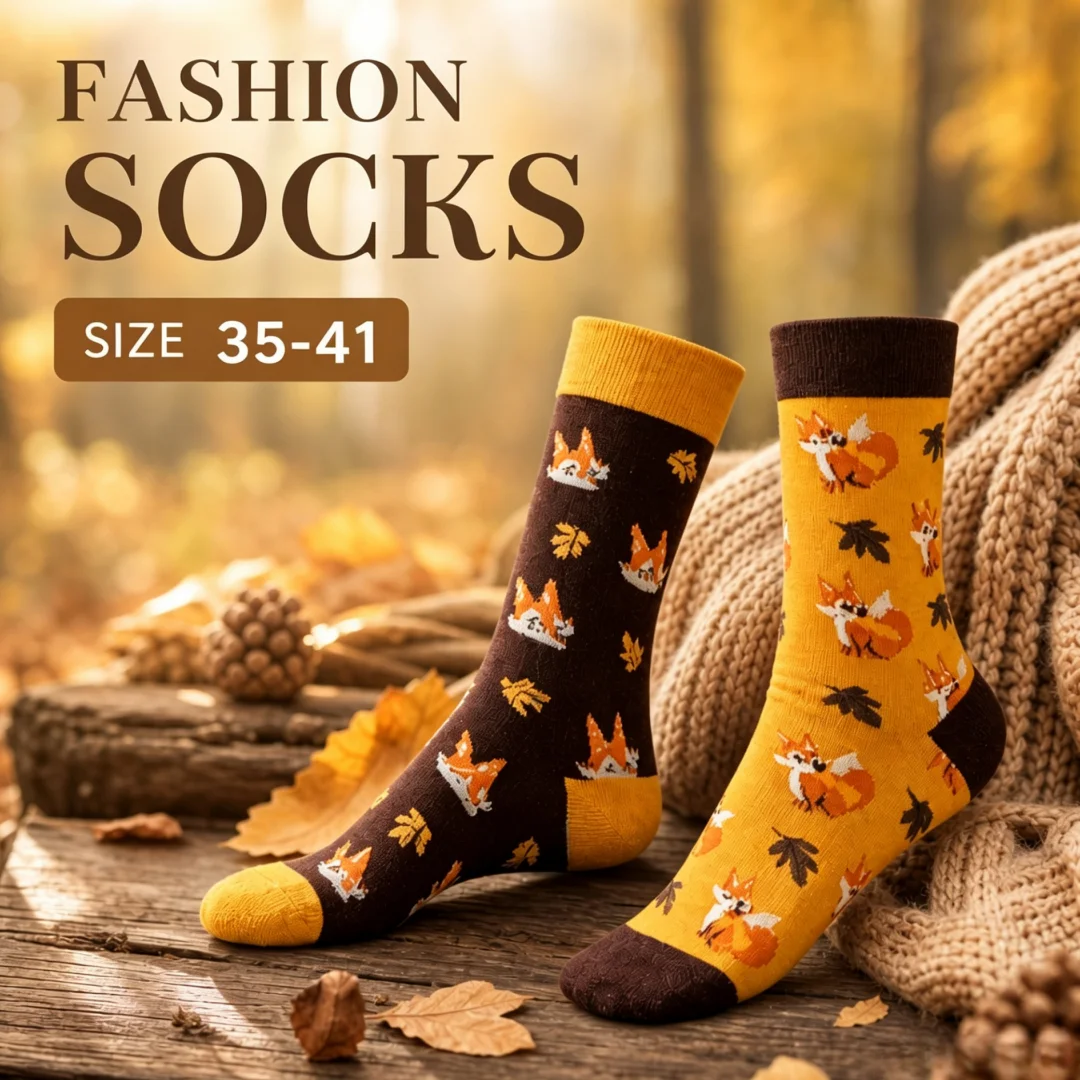 1 pair of socks with a cartoon fox print, asymmetrical design, suitable for both men and women