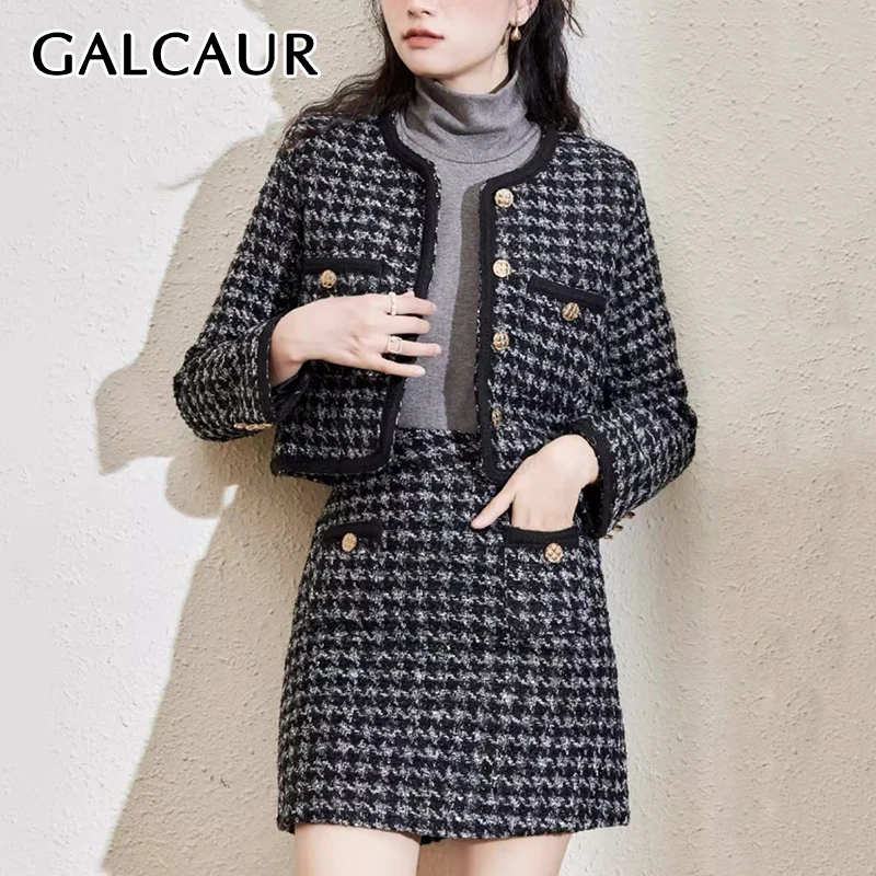 

GALCAUR New High Design Two Piece Set For Women V Neck Long Sleeve Spliced Houndstooth Short Jacket Slim Mini Skirt Suits Female