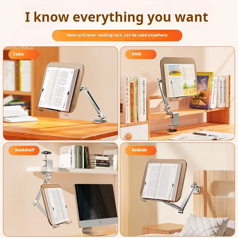 Cantilever Reading Book Stand, obracany o 360 stopni, aluminiowy orzech, obsługuje książki, tablety, na biurko i stojak nocny.