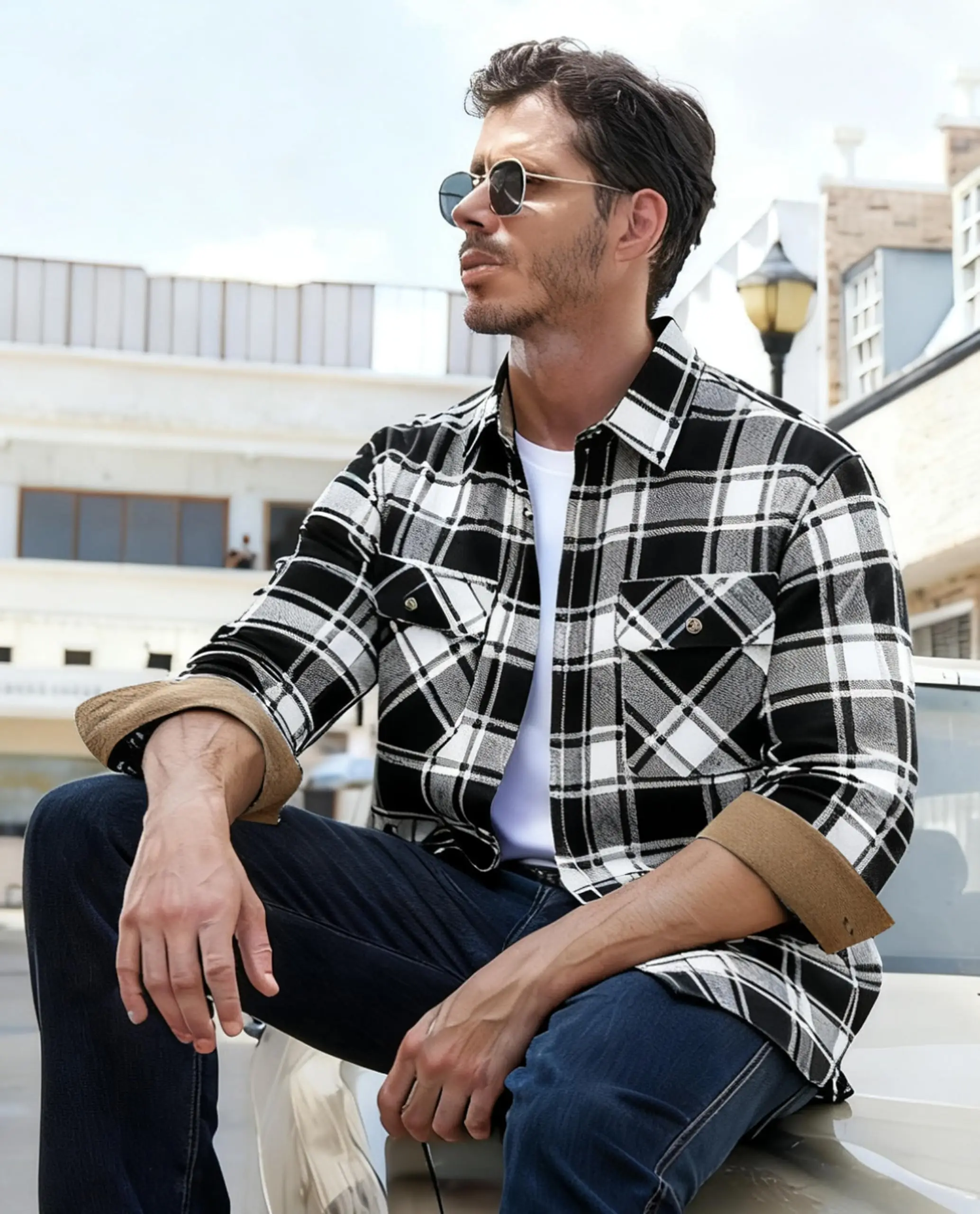 MAGCOMSEN Men's Cotton Flannel Shacket Plaid Shirt Long Sleeve Corduroy Collar 2 Chest Pockets Casual Work Overshirt Outdoor