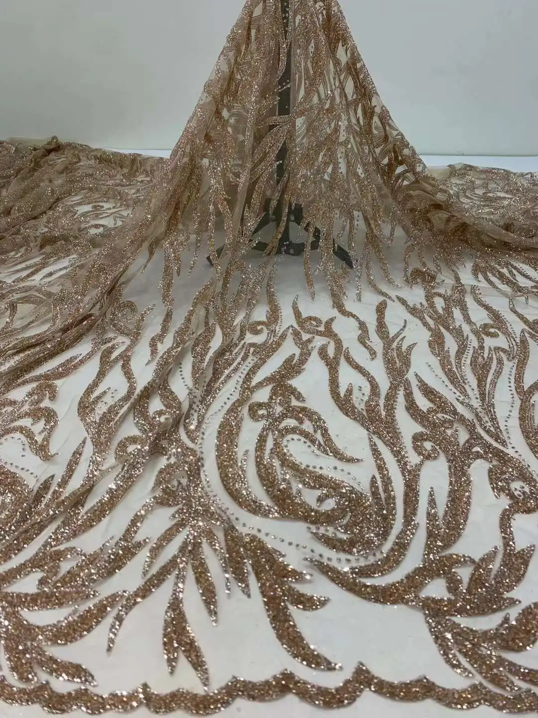 

Popular Glued Glitter French mesh tulle lace African Nigeria fabric For Evening dress wedding dress Champagne