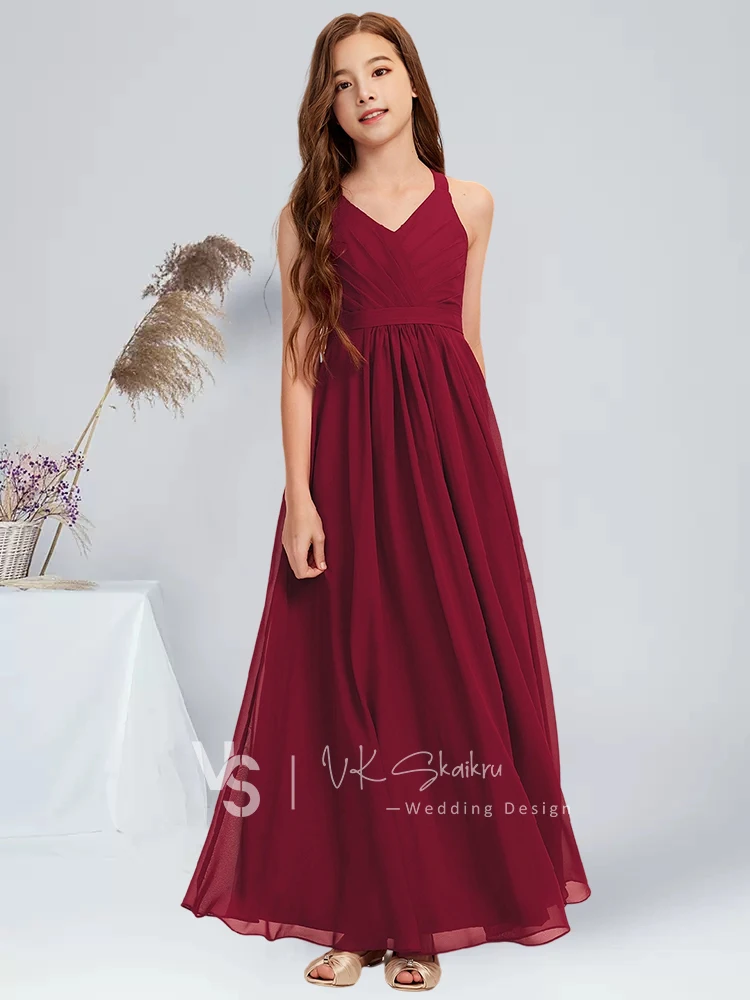 A linha com decote em v até o chão chiffon júnior vestido de dama de honra borgonha vestido de festa de formatura para convidados vestido de menina de flor casamento