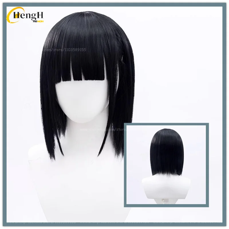 Qiao Ling Rin Jo pelo sintético Anime Unisex 35cm negro Bobo peluca pelo resistente al calor fiesta de Halloween Cosplay pelucas de Anime + gorro de peluca