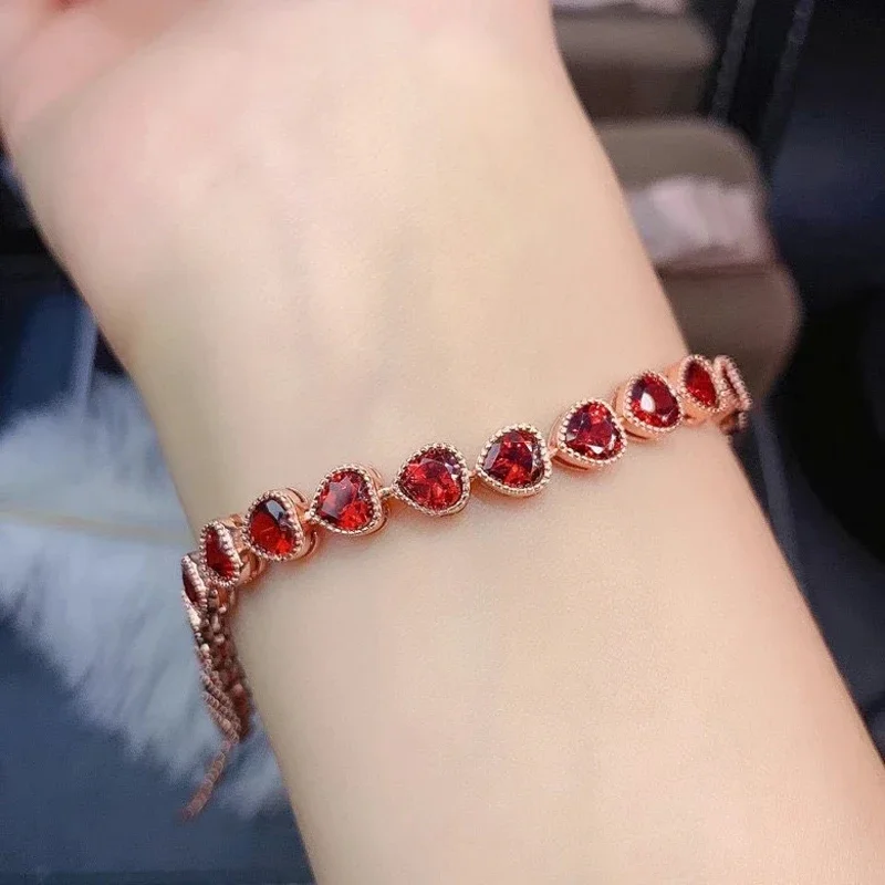 Natural Mozambique Wine Red Garnet Gemstone Love Heart Bracelet for Women 925 Sterling Silver Bangle Fine Jewelry