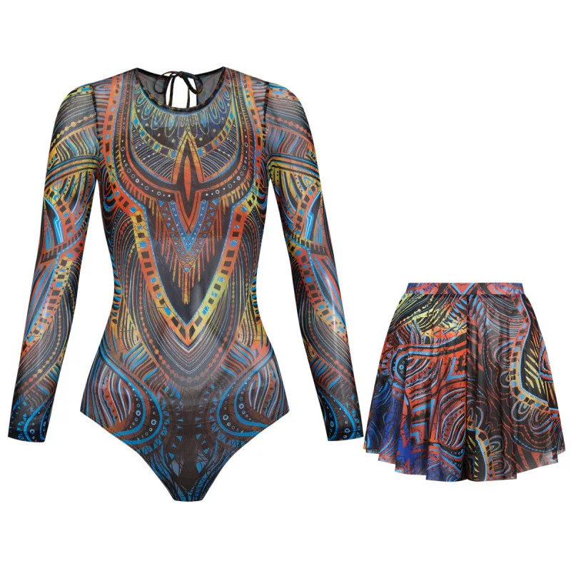 Long Sleeve Beachwear Set Tribal Printed One Piece Swimsuit with Skirt UPF Sun Protection Bathing Suit for Brazil Beach Vacation