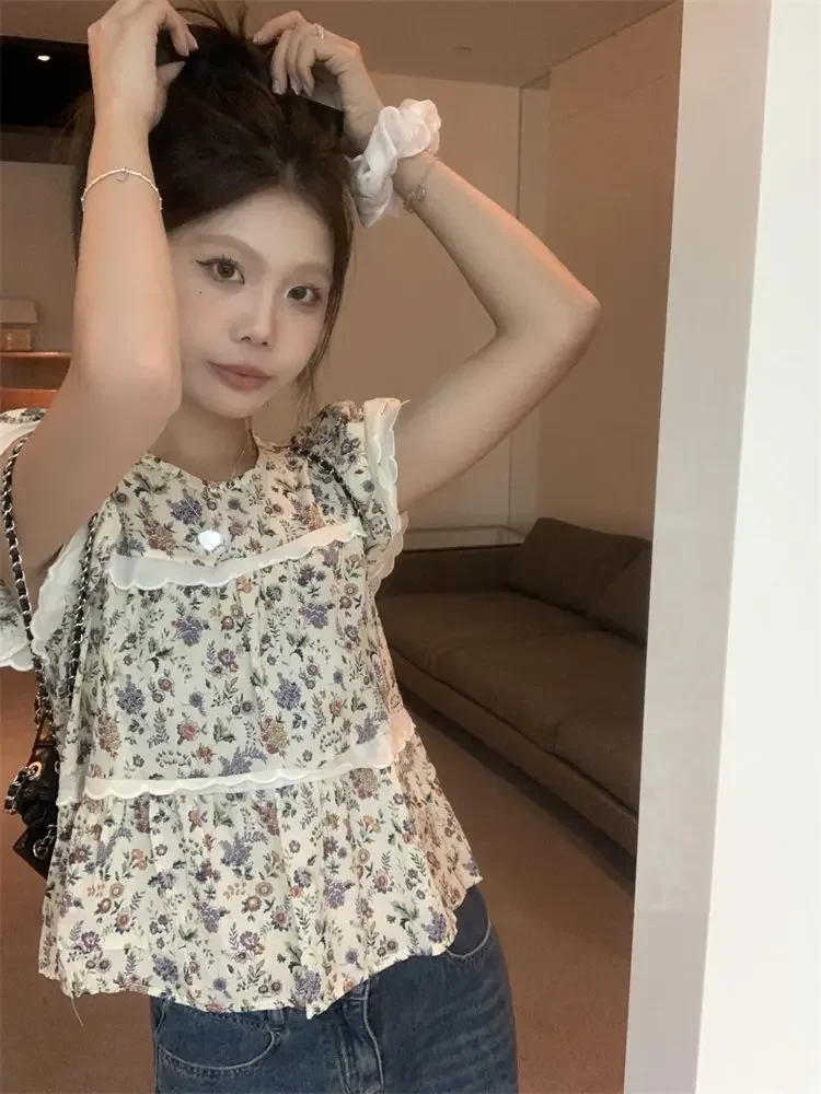 Blusen für Damen, abgeschnitten, Sommer, Vintage, zart, süß, bedruckt, ästhetisch, gerüscht, französischer Stil, mädchenhaft, beliebt gestaltet, Camisas Young
