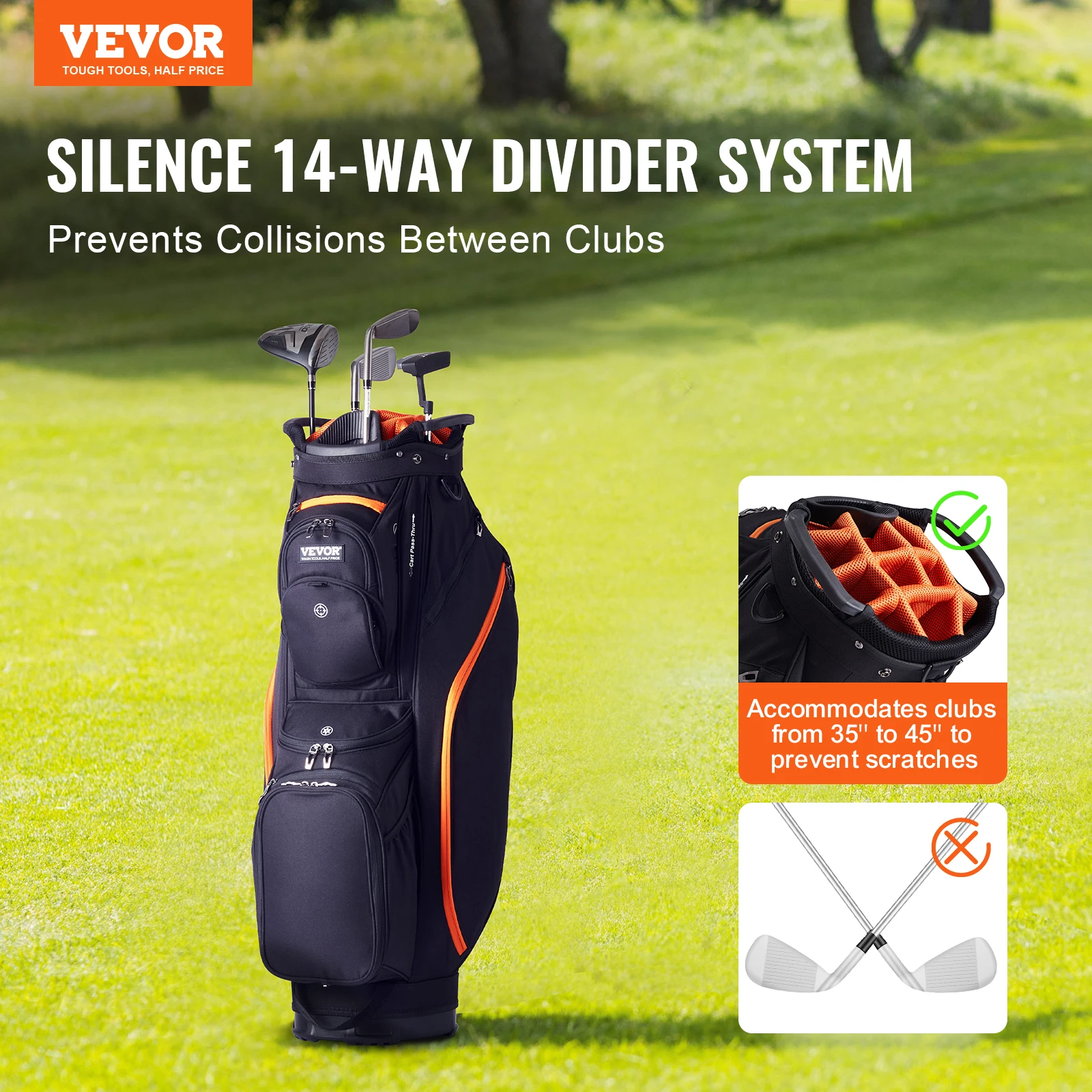 VEVOR Sacca da Golf con Divisori Organizzatori a 14 Vie, Sacca da Golf Premium 920 mm con 13 Tasche, Borsa da Golf Resistente con Manici, Copertura Antipolvere e Cinghie Staccabili Nero e Arancione