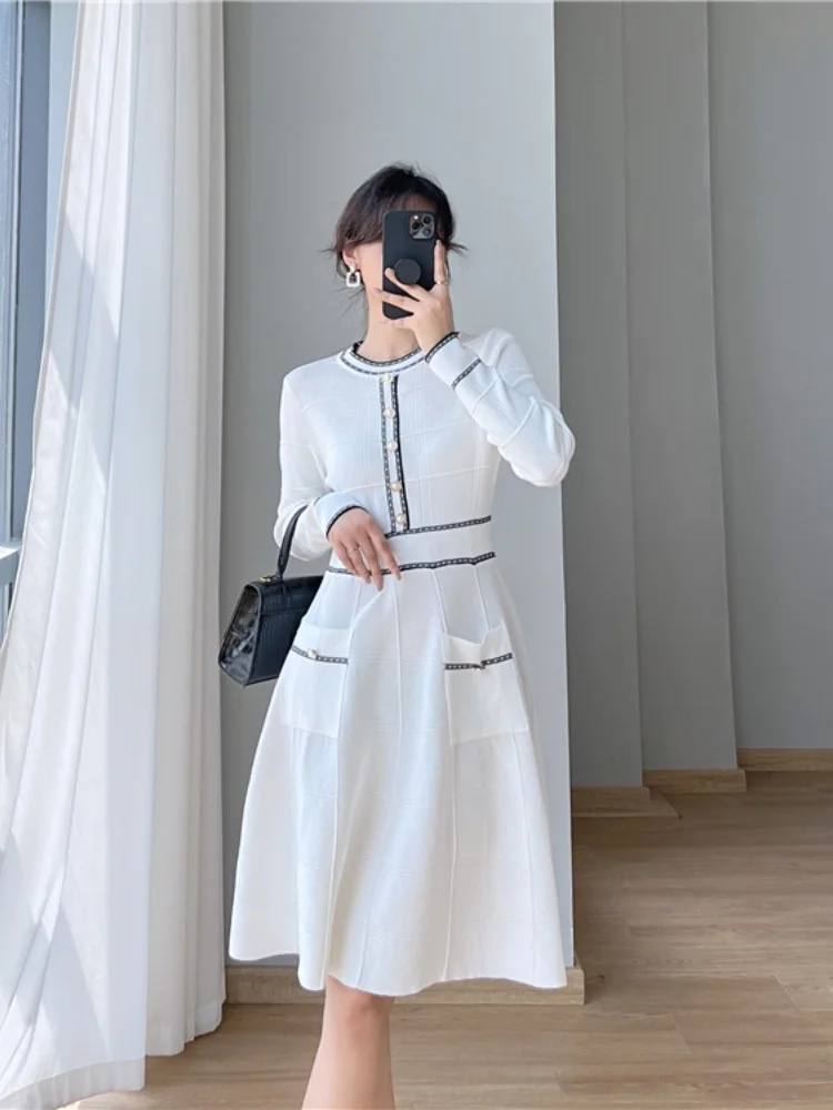 SMTHMA Winter Women Elegant Knit Dress O Neck Autumn Long Sleeve Slim Ladies Fashion Sweater Long Dresses Vestidos