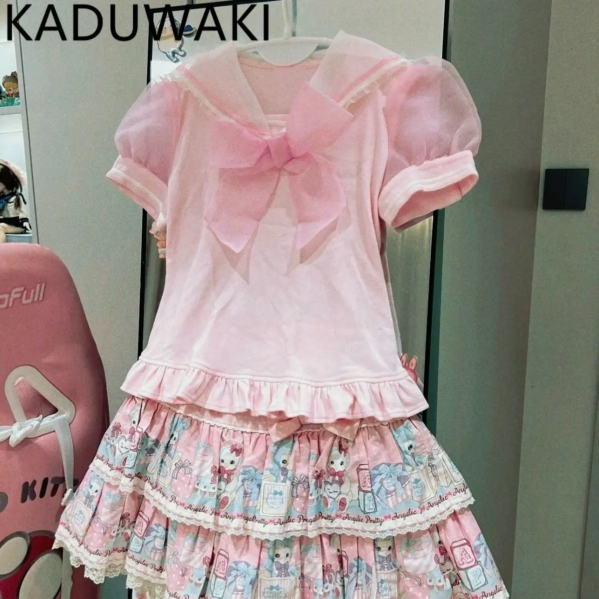 

Japanese Sweet Kawaii Pink Tshirt Sailor Collar Bow Organza Puff Short Sleeve Tee Preppy Style Casual Fairy Slim Top Summer 2025