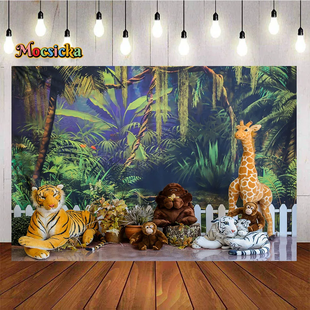 Jungle Safari Party Backdrop Green Forest Tiger Giraffe Doll Background Decor Baby Boy Cake Smash Portrait Photo Studio Props