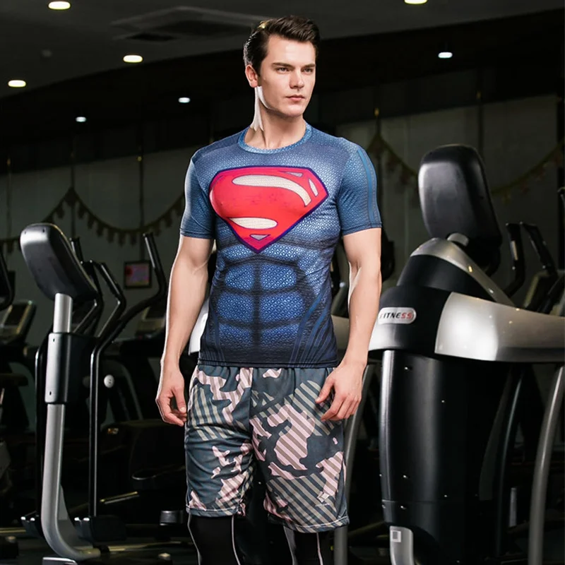 Summer new men's T-shirt 3D Printed T-shirt Avengers American Superman Spider-Man Iron Man Sports  Quick dry tight short sleeves