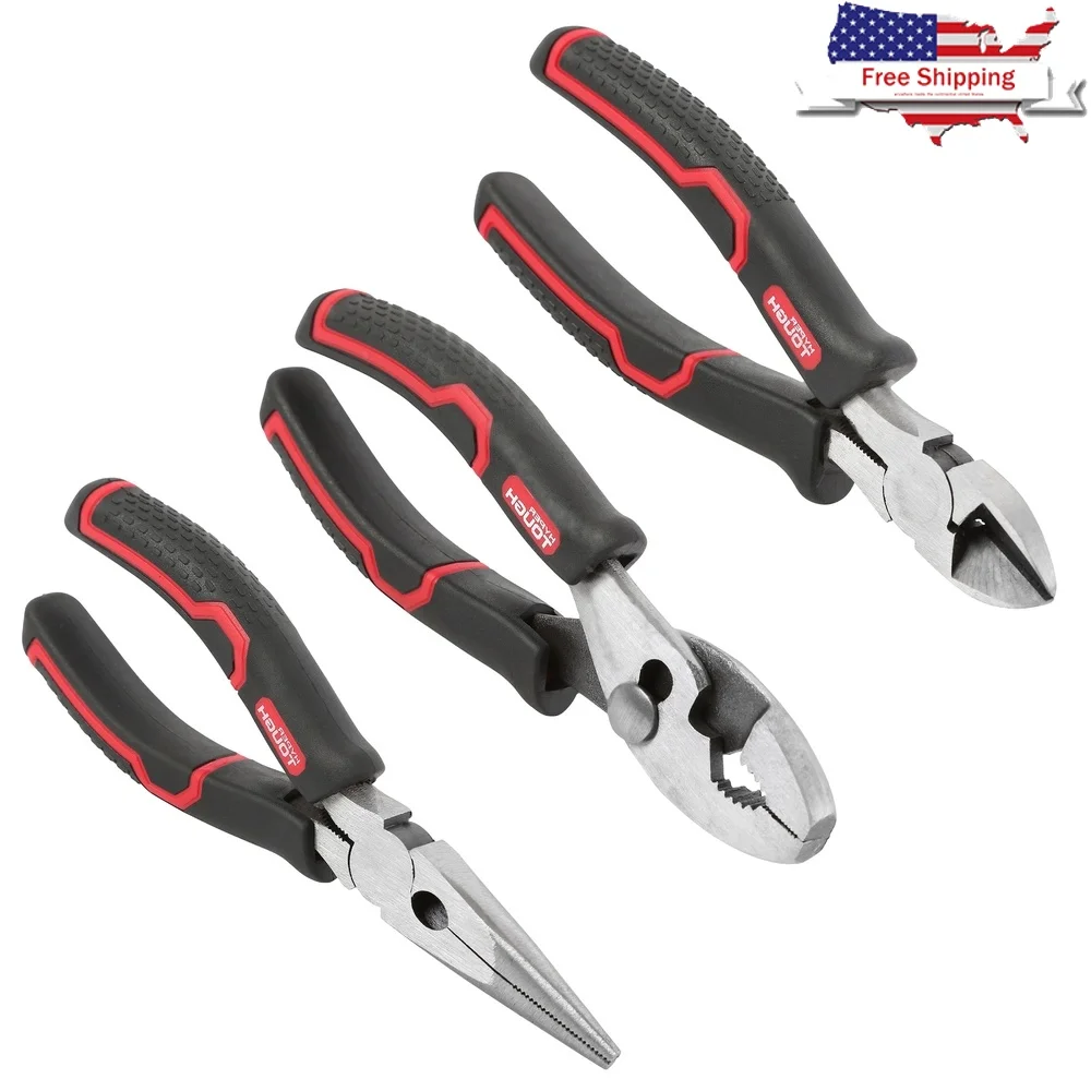 

Набор плоскогубцев из 3 предметов. Эргономичные ручки с мягкой рукояткой. Прочная стальная конструкция. Регулируемое скользящее соединение. Диагональная резка. Длинный нос.