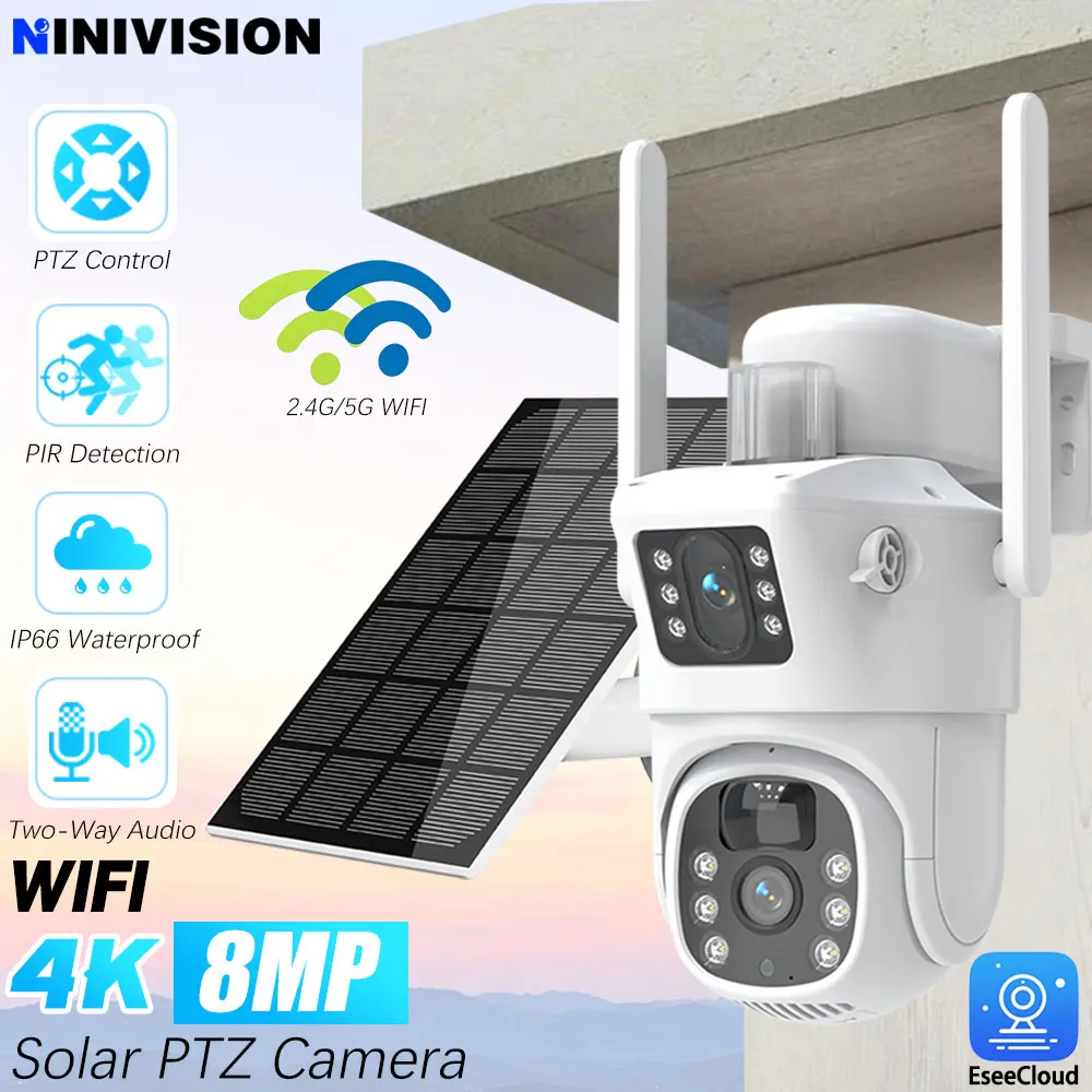 

5G&2.4GHZ WIFI Dual Lens Dual Screen Security PTZ Camera Solar Power Battery 8MP 4K CCTV Alarm PIR Detection IP Pro App Camera