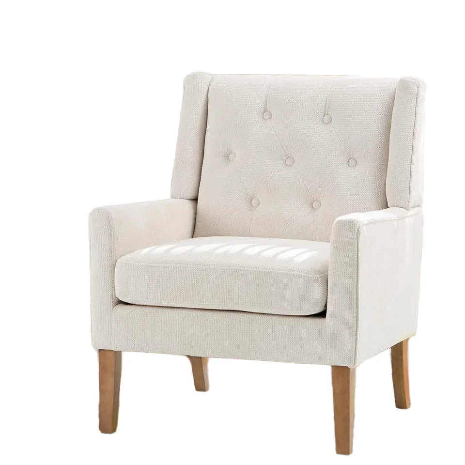 2026 Mid-Century Modern Wingback Accent Chair Beige Button Tufted Fabric Armchair Upholstered Back for Bedroom Reading Spaces Li