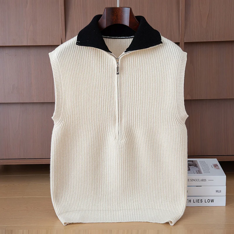 

Autumn/Winter New 100% Merino Wool Lapel Sleeveless Vest Men Woman Couple Sweater Color block Knit Male Waistcoat High Quality