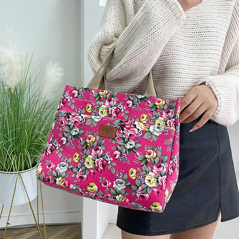 Bolsa de lona de grande capacidade para mulheres, estampa de flores, portátil, ao ar livre, praia, compras, casual, escritório, documento, bolsa, moda