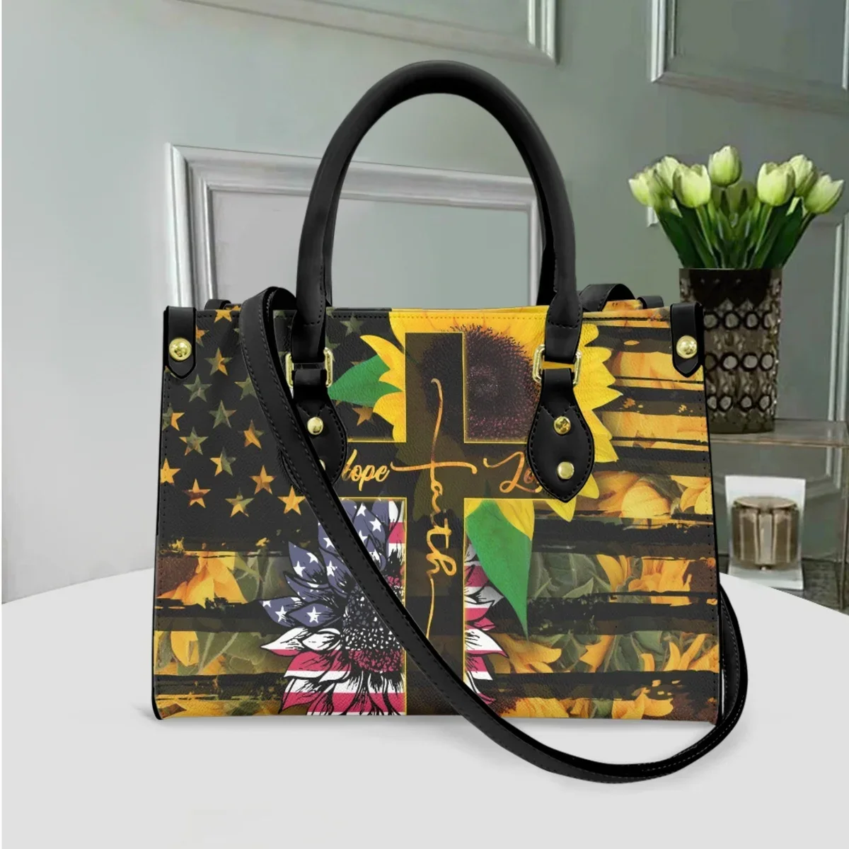 Bolsa Hippie Paz e Amor para Senhoras, Bandeira Americana Girassol, PU Casual Messenger Bag, Star Design, Sacola Portátil Feminina