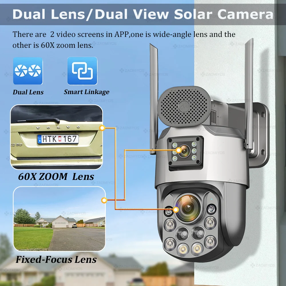 60X Optical Zoom 4K Dual Screen Solar Camera Outdoor 4G SIM/eSIM 31200 Mah 7/24 Hours Human Auto Tracking 360 PTZ Security Cam