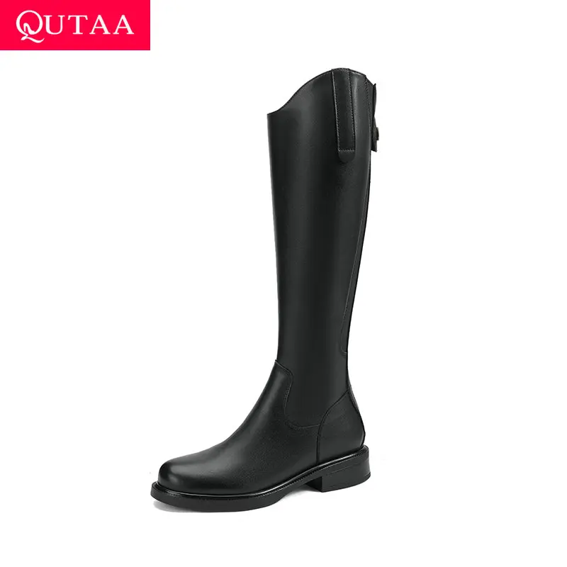 

QUTAA 2026, зимние модные женские сапоги до колена, женская обувь с круглым носком, мотоциклетные высокие сапоги из коровьей кожи на низком каблуке, черные 34-43