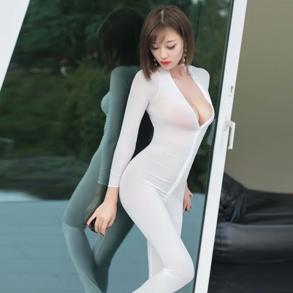 여성용 투웨이 지퍼 오픈 가랑이 긴 소매 점프수트, 광택 스키니 이국적 란제리, 투명 섹시 테디, 에로틱 바디수트