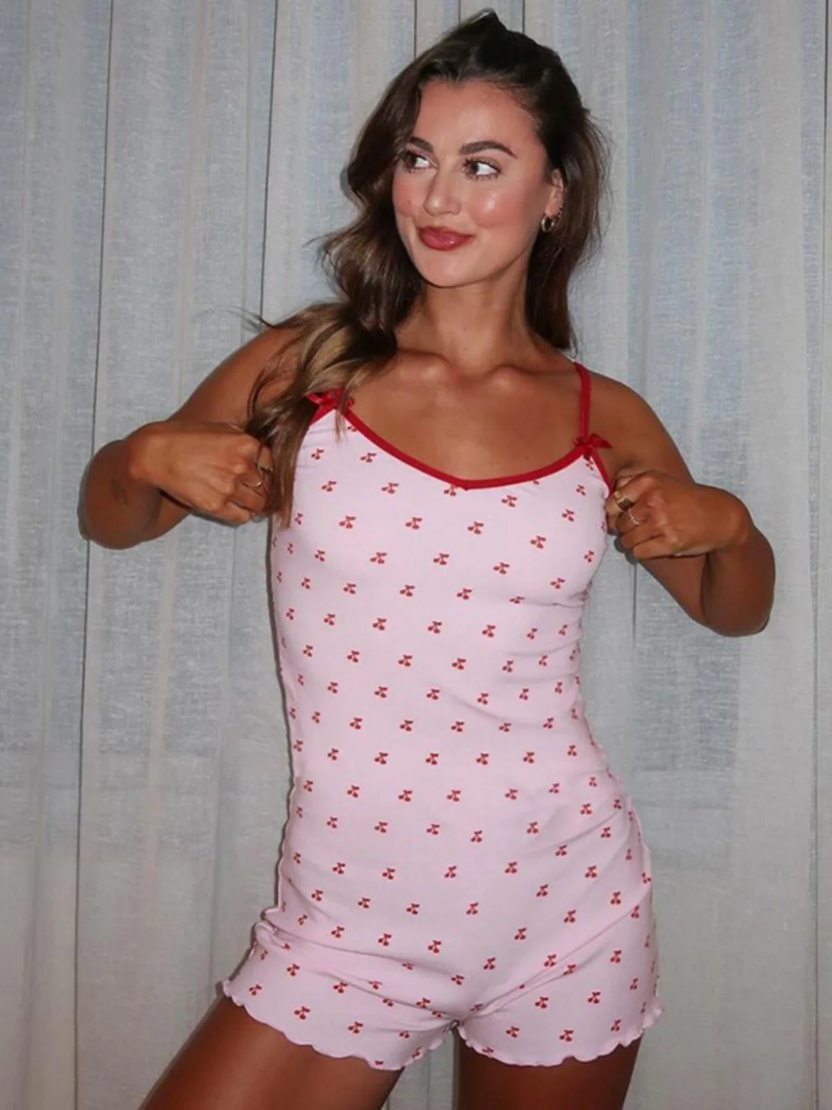 

American Y2K Cherry Print Romper & Bodycon Shorts Set, Sexy Stretchy Loungewear for Women - Pink