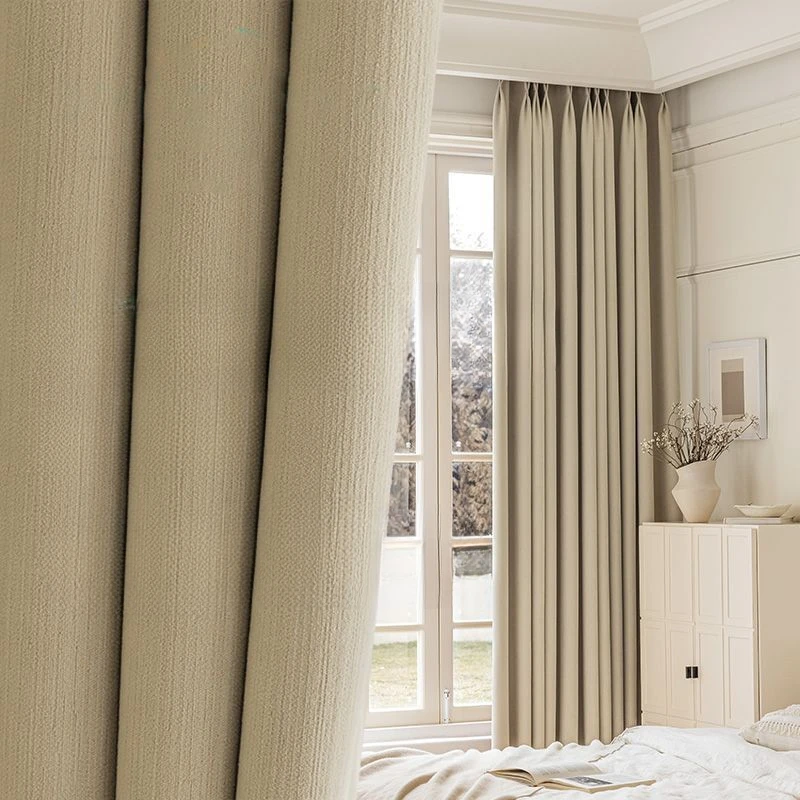 

Minimalism Cream Velvet French Light Luxury Cortinas Full Blackout High-precision Thickened Chenille Plain Weave Window Curtains