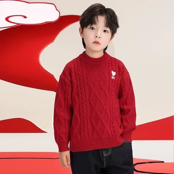 Boys' Warm Winter Sweater Trendy Korean-Style Knitted Pullover Solid-Color Crew-Neck Sweater (Red & Apricot) Kids Clothes 2026