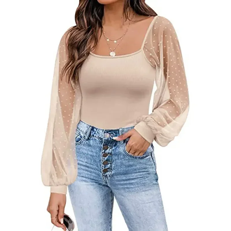 Ladies Tops Shirt Sexy Lantern Lace Puff Sleeve Blouses Perspective Lantern Sleeve Stitching Slim Top Mesh Long Sleeve Tshirt