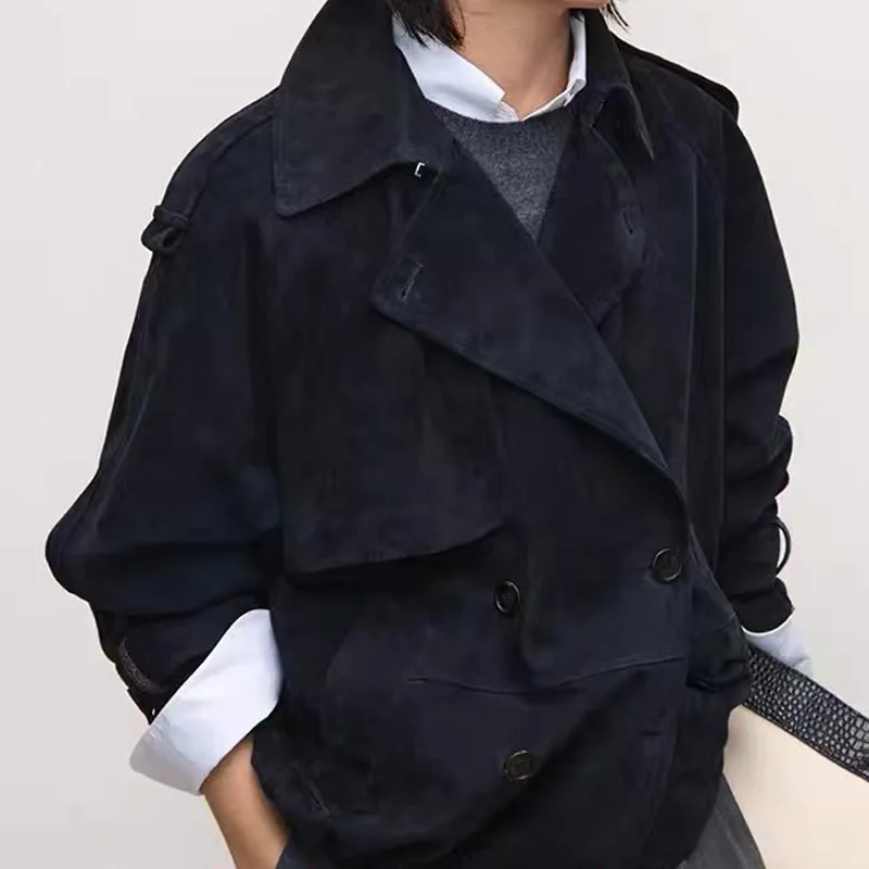 Real Suede Jacket Autumn Women Sheepskin Old Money Wind Casual Double-Breasted Short Lapel Work Clothes Dark Blue Leather Coat