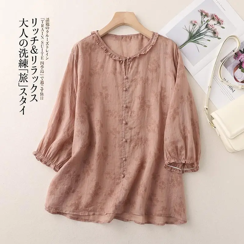 New Arrival 2024 Summer Arts Style Women 3/4 Sleeve Loose Tee Shirt Femme Tops Laciness O-neck Vintage Button Casual Tshirt