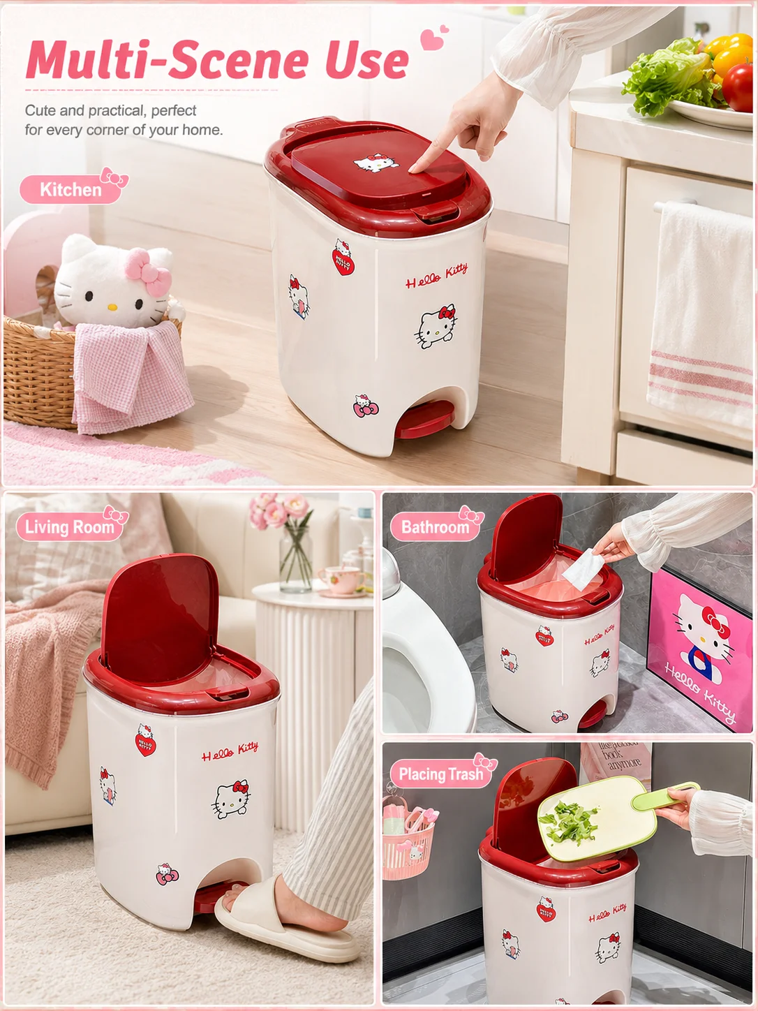 Sanrio Hello Kitty Cartoon Household Waste Can Hand Use Press &Pedal Trash Can Odor Proof Waste Bin Easy Clean IndoorWastebasket view 5