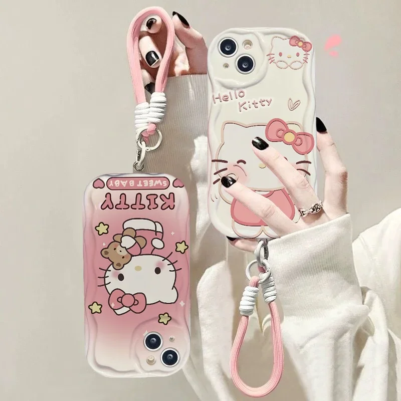

Cute Hello Kitty Wrist Chain Case For Realme C75 C71 C67 C63 C53 C33 C31 C35 C55 C21 C25 C30 Note 60 GT6 11 12 13 Pro Plus Cover