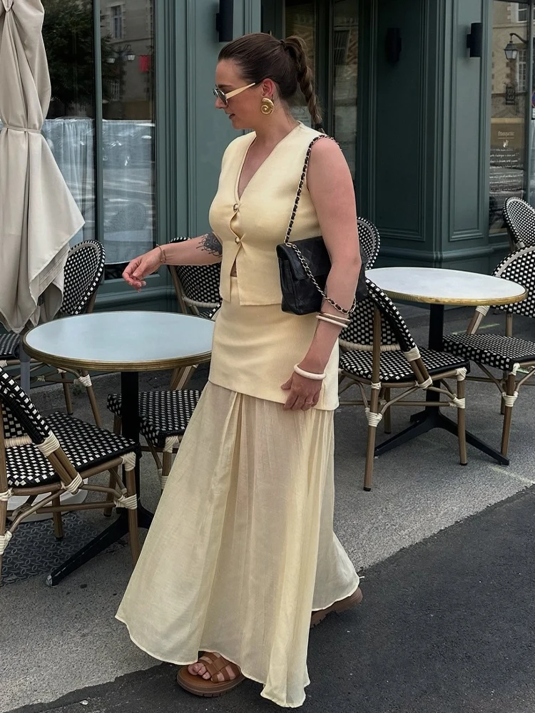 TRAFZA Damski 2-częściowy garnitur Casual Fashion Dzianinowa kamizelka bez rękawów z dekoltem w szpic Kobieta Elegancki luźny zestaw spódnic z wysokim stanem