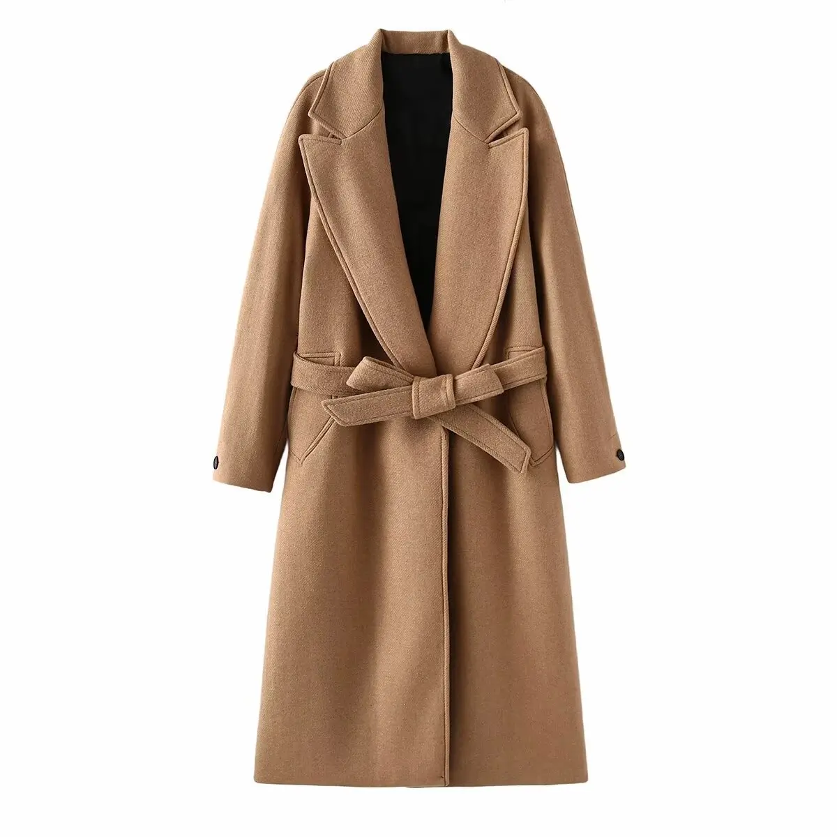 

Mid Long Lapel Tweed Jacket Women Winter Loose Pocket Woolen Coat with Belt Long Sleeves Fashion Overcoat 2024 New in Outerwear