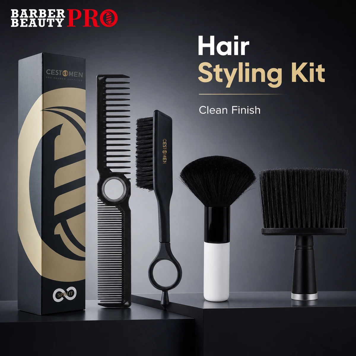 3Pcs Barber Hair Styling Kit with Double Sided Comb 360° Rotating Fade Brush Neck Duster for Salon Home Men's Grooming