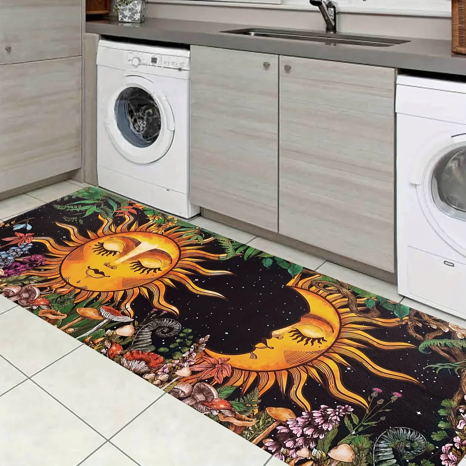 1pc Enchanted Sun & Moon Laundry Room Mat Non-Slip Backing, Machine Washable, Soft & Comfortable - Vibrant Celestial Design Pe