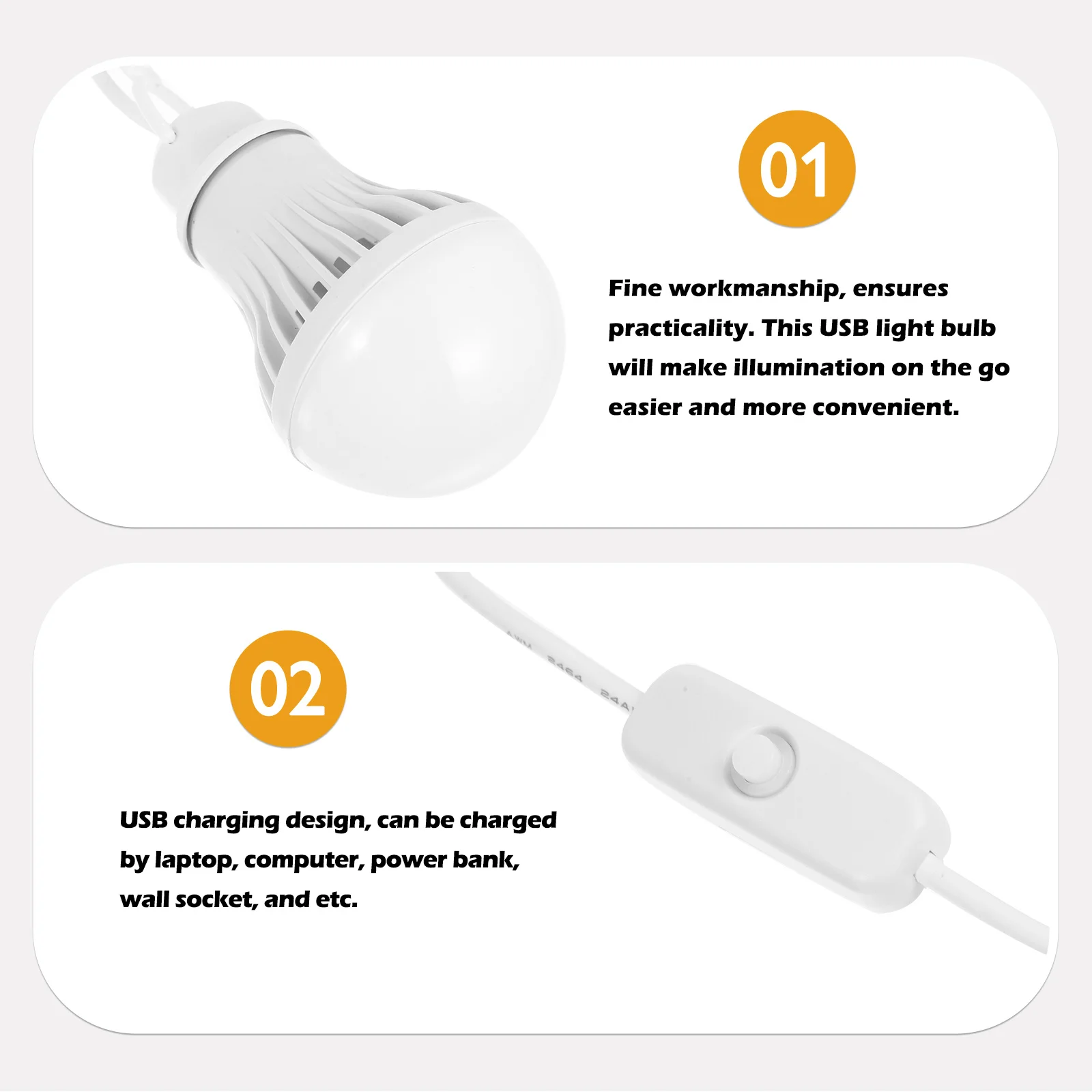 2Pcs Portable Lighting Bulb 5W USB Powered Camping Light for Bedroom Outdoor Picnic Barbecue Trip Use Tent Lamp