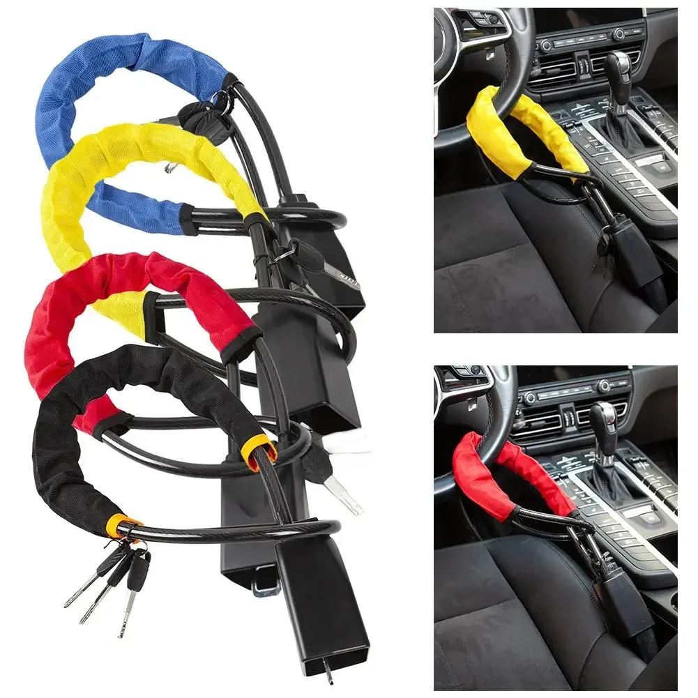

Car Steering Wheel Lock With Seat Belt Socket Steel Rope For Truck SUV Van RV With 3 Keys Universal Anti Theft Protection Device