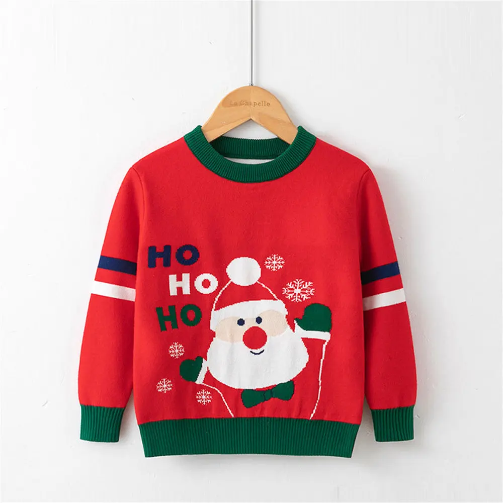 Kids Winter Chirstmas Santa Claus Knitted Sweater Red Green Toddler Unisex Kids Boys Girls Cartoon Elk Pullover Knitting Outwear