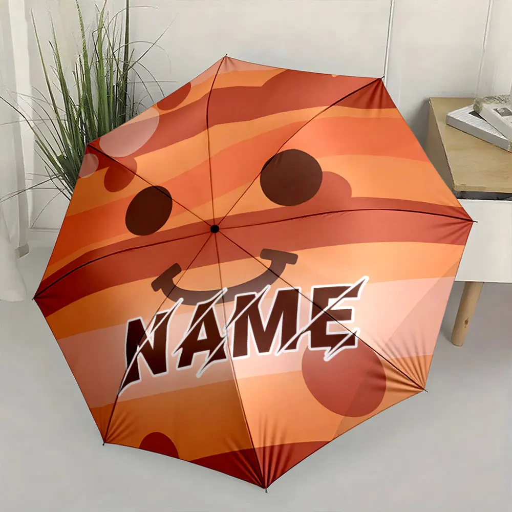 Custom Name Umbrella, Cute Cartoon Smiley Planet Design with Orange Theme Umbrella Folding Umbrella for Sunny and Rainy,Gift